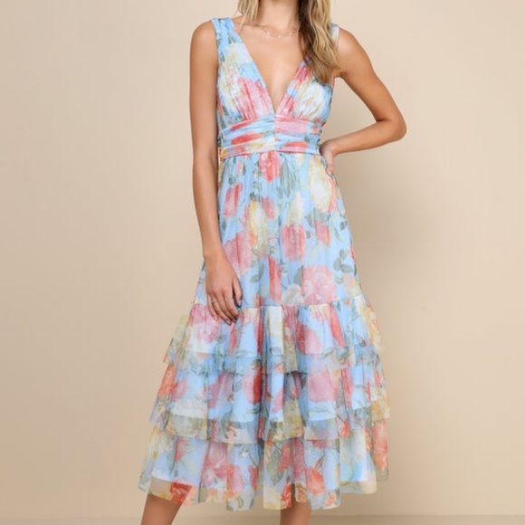 Lulus Perfectly Divine Blue Floral Tulle Tiered Ruffled Midi Dress - Size S - Picture 1 of 1